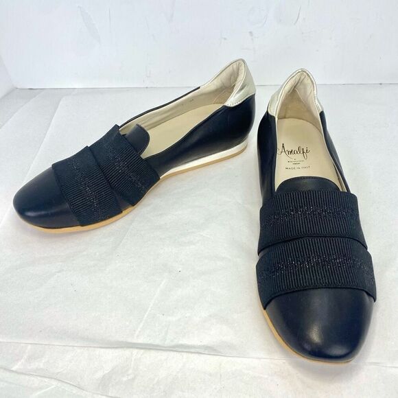 New Amalfi by Rangoni Raffy Flat Black Platino Women’s 7 Leather Italian Loafers - Picture 1 of 9